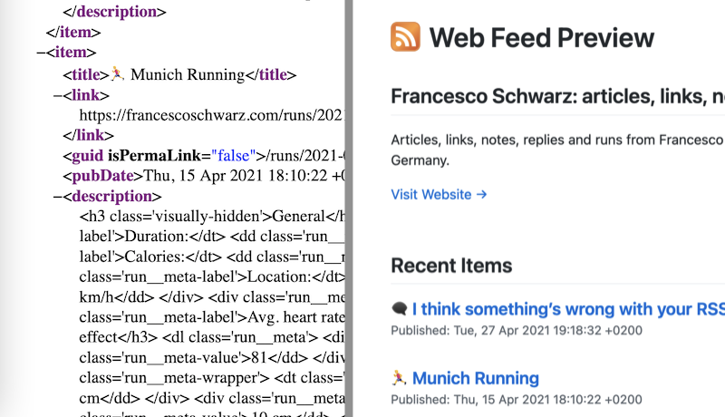Screenshots of the RSS feed page. Before: unstyled and unpleasant. After: stylesheet bliss and better UX.