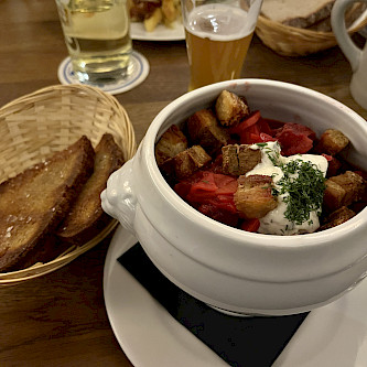 Ukrainian-Bavarian borscht with roasted garlic bread.