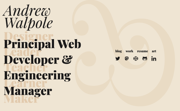 Screenshot of Andrew Walpole’s website. Beautiful typography, big, bold and intertwined titles. Just wow!